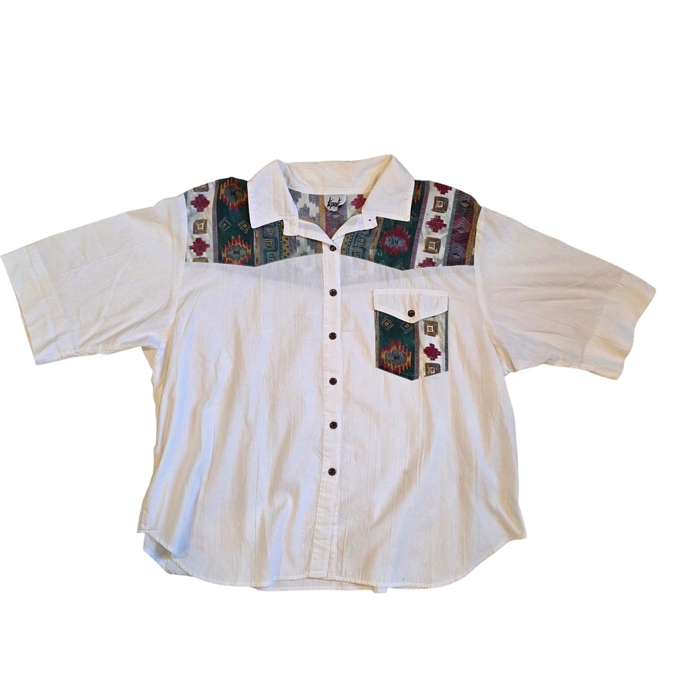 Vintage Tapestry Southwestern Aztec Print Yoke White Button Up Shirt Mens XL